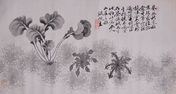 【瓢】中国　滋畹　野菜図　横巻　清時代　掛け軸