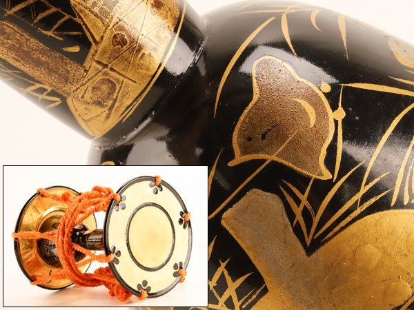 流】時代和楽器 千鳥蒔絵鼓 胴 皮付 TK023 小鼓 和楽器 蒔絵 松