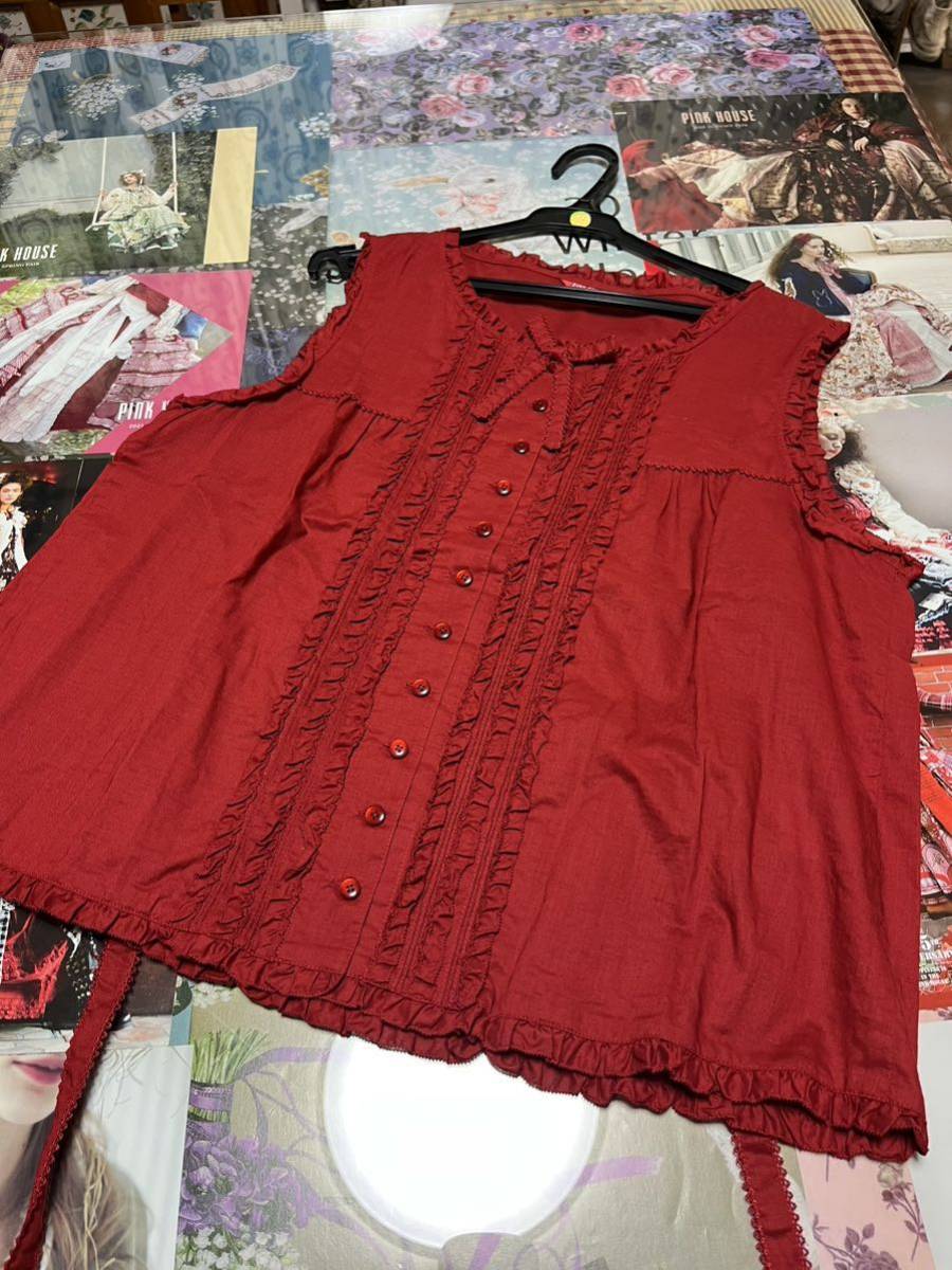 PH 1回着美品 綿ローンノースリーブピコブラウス　フリー赤系/ピンクハウス　インゲボルグ　カネコイサオ　ワンダフルワールド