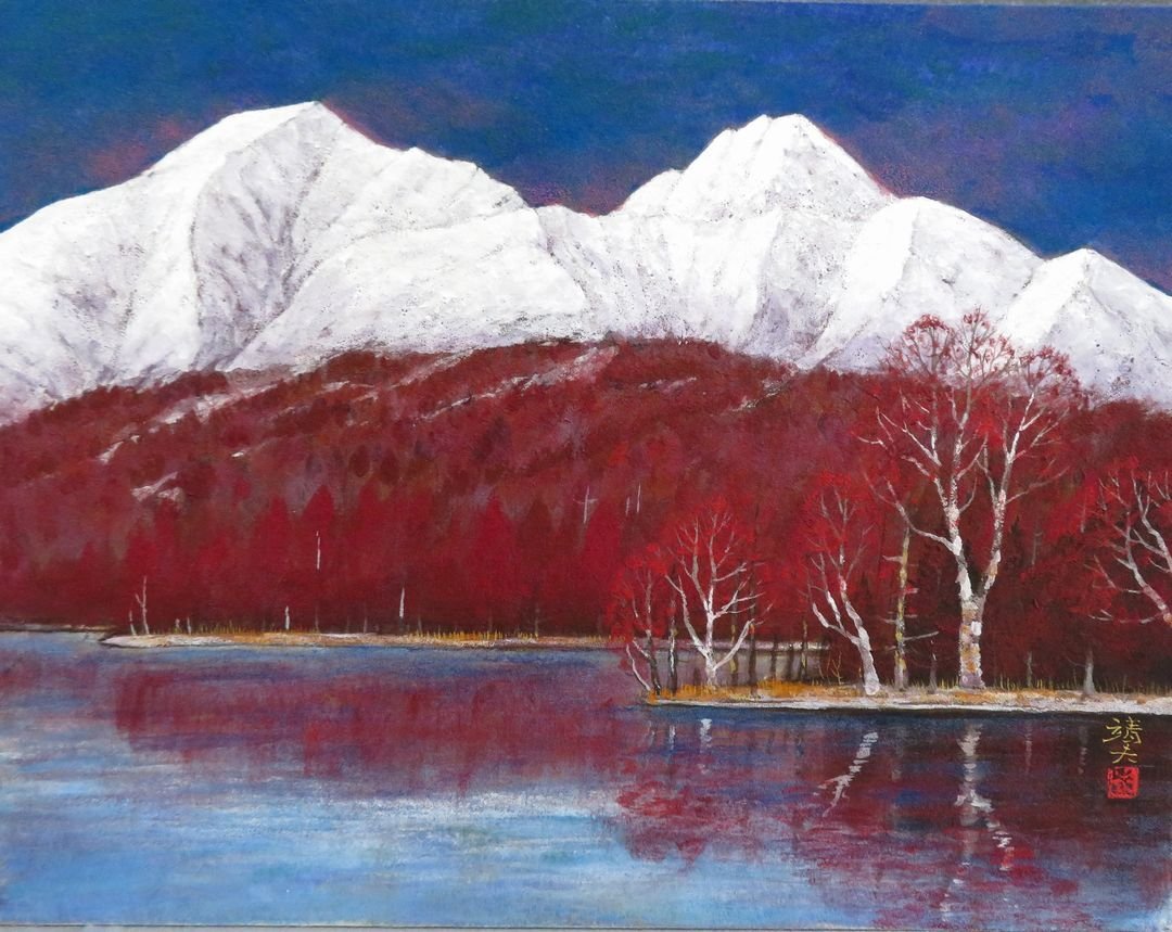 □日本画□ 桝田靖夫『磐梯山』P10号 山岳 湖 風景画【師・伊東深水 日