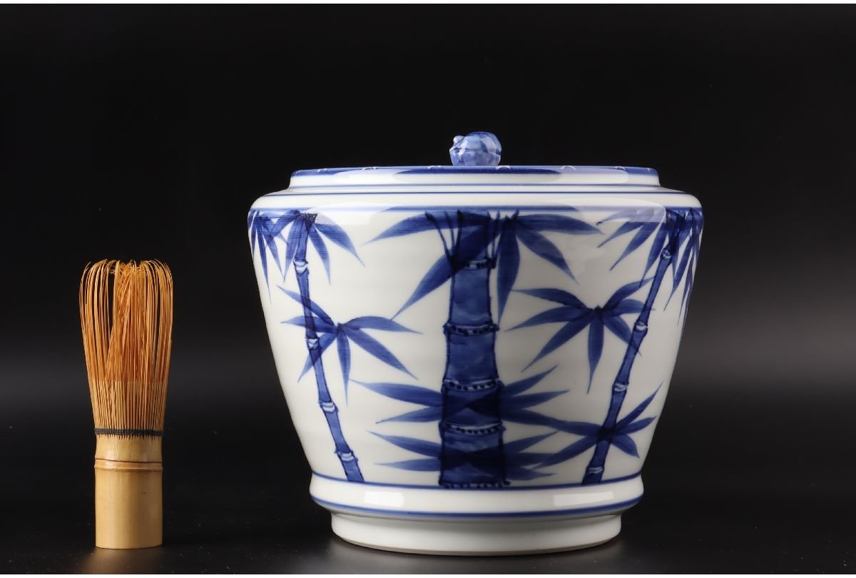 S642 水指 『染付竹』『押小路焼』『庄左衛門造』 共箱 茶道具