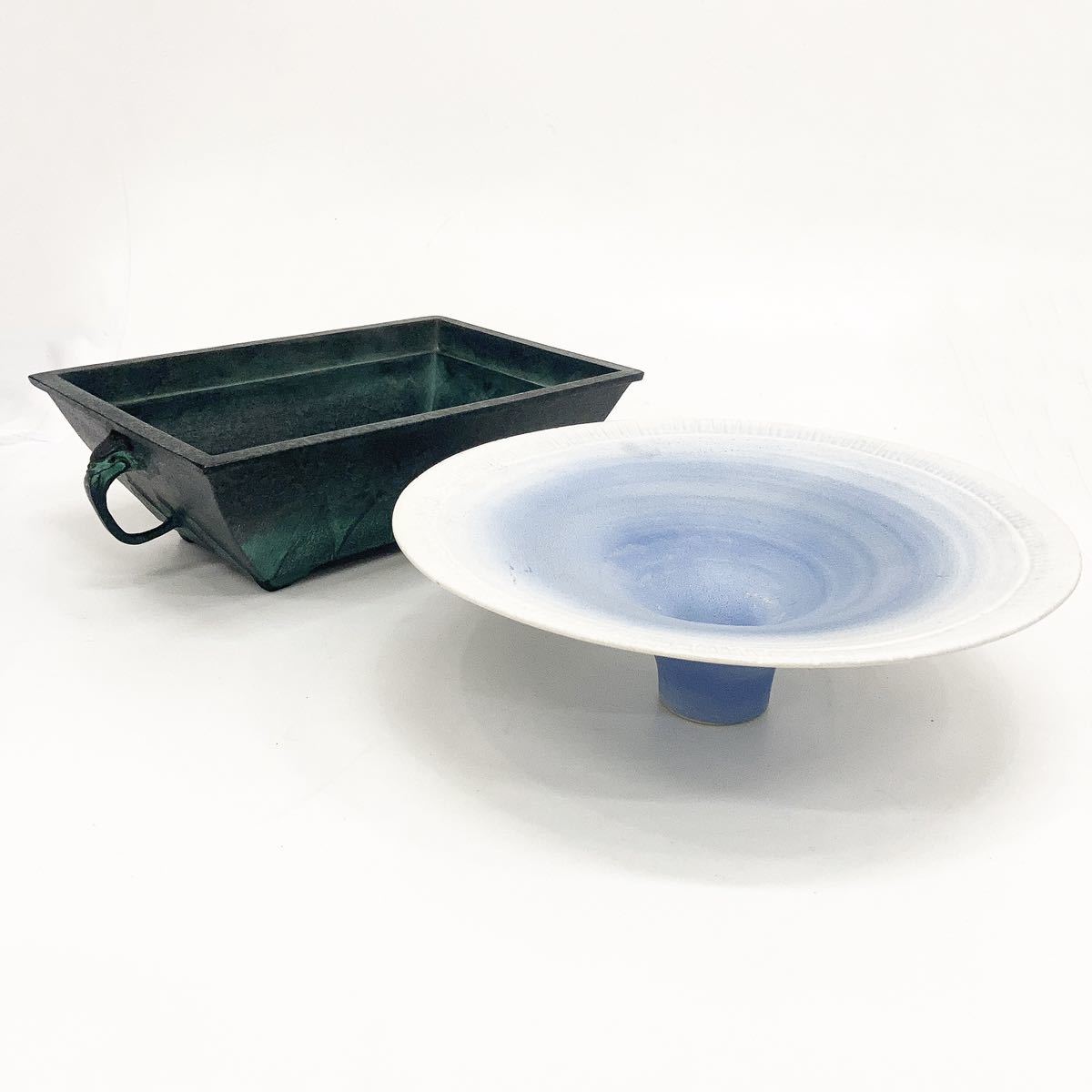 角砂鉢 青銅 アルミ 砂鉢 池坊 陶器 立花 華道 2点 セット alp古0327