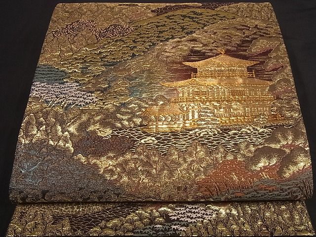着物屋こころ□六通柄袋帯 洛中風景図 金閣寺 金糸 正絹 逸品 B-sa2448