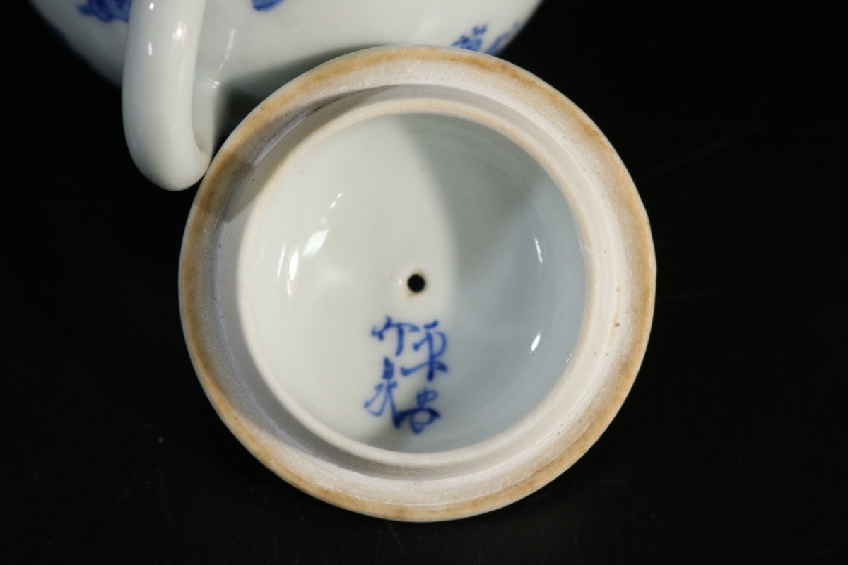 煎茶道具 染付 青華花弁瑞鳥紋 茶瓶 急須 三浦篤 二代三浦竹軒 共箱
