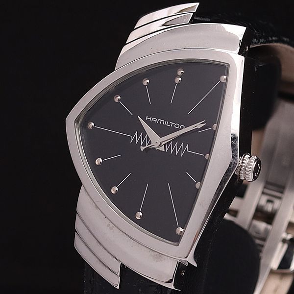 1円 稼働良品 ハミルトン QZ H244112 ベンチュラ 黒文字盤 メンズ腕時計 0002200YSD