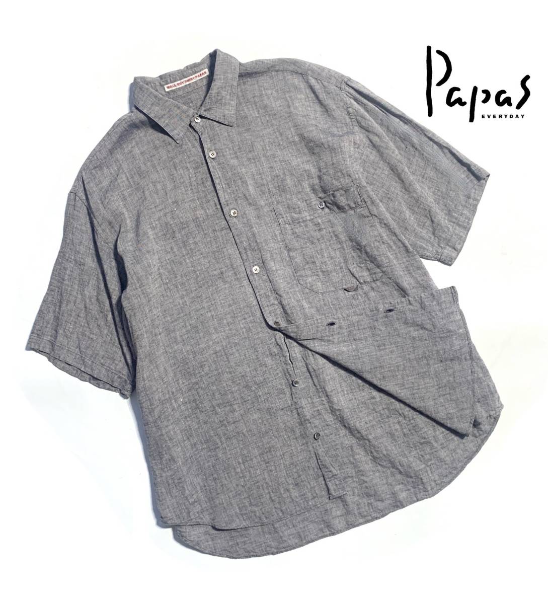 最高級【L】Papas パパス リネン コットン 半袖シャツ L シャンブレー ロゴ 送料370円【高清涼感】日本製 メンズ