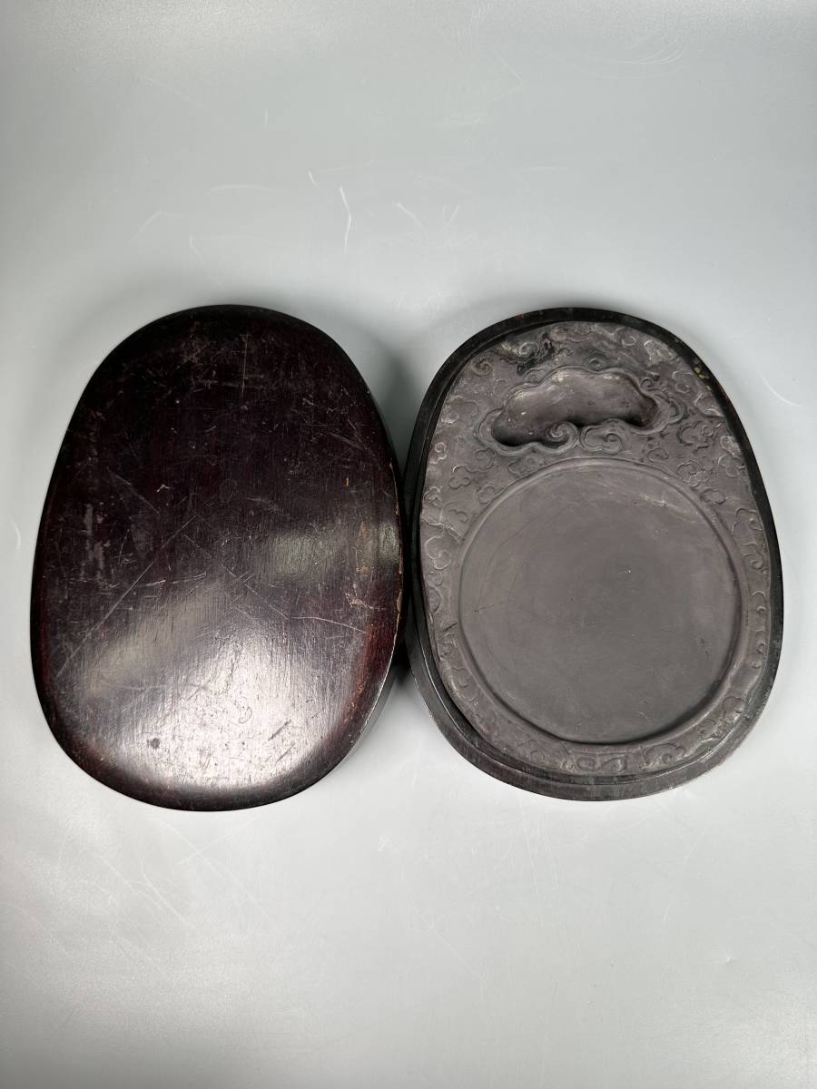 中国書道具　硯　端渓硯　紫檀共箱　祥雲彫硯　書道　文房具　時代物　