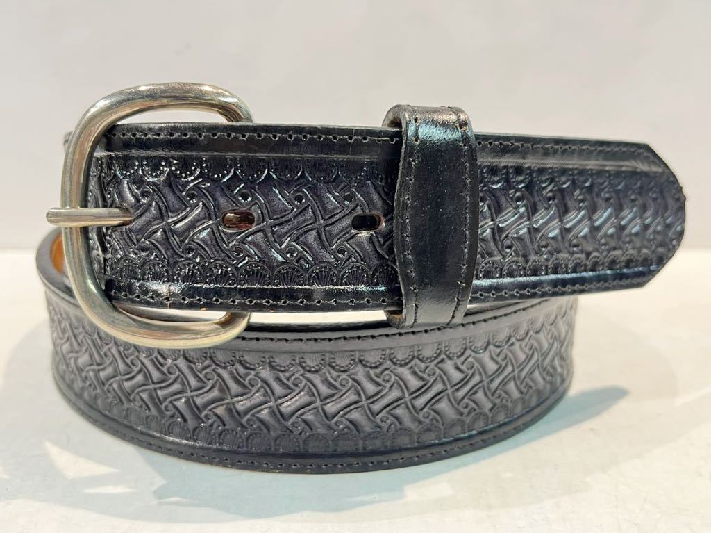 デッドストック　アメリカ製　ウエスタンベルト　カービング　イーグル　コンチョ　グレー　バスケット　黒　38インチ　ヴィンテージ