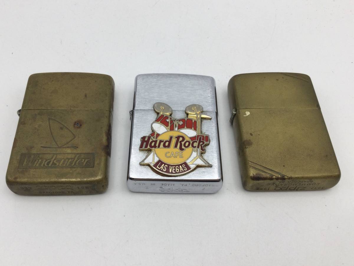 BB52◇＜ジッポ/3点セット＞ジャンク ライター COMMEMORATIVE / Hard Rock cafe / Windsurfer 火花確認済み1点未確認2点 現状品 ◇