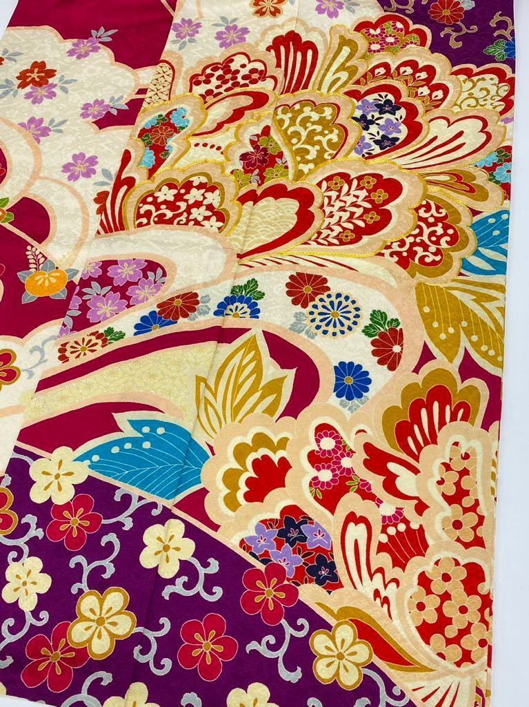振袖 金駒 紋意匠 花文様 正絹 ガード加工済 濃紅色 刈安色 振袖