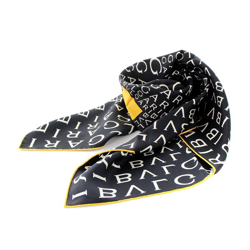 ブルガリ BVLGARI スカーフ ロゴ シルク 絹 黒 ブラック 白 ホワイト