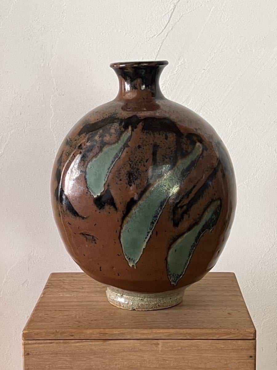 島岡達三 人間国宝島岡達三・象嵌方壺(花瓶）・共箱・高さ27cm 地