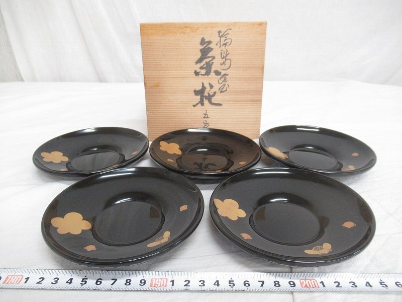 輪島塗 茶托 5客 共箱 | - 慶塚 茶托5客セット 木製漆器 煎茶道具 梅