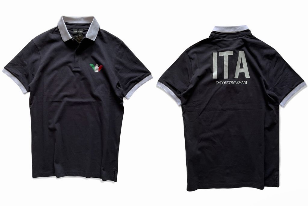 新品【EMPORIO ARMANI/アルマーニ】▼【前後お洒落ロゴ】お得意の身体に柔らか伸縮ストレッチ▼極濃紺▼半袖ポロシャツ▼M