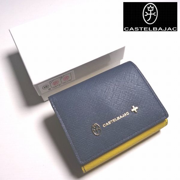 新品 カステルバジャック CASTELBAJAC ロゴ装飾 本牛革 レザー 折り 財布 小銭 札入れ 紺 黄 赤 メンズ 男性 紳士用