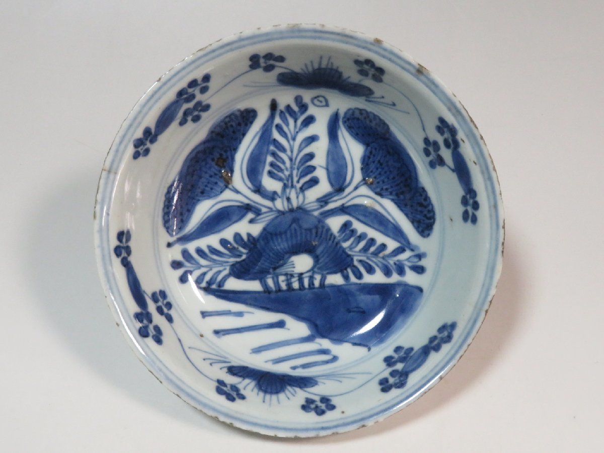 明染付 蓮花図碗 5客 中国古玩 v46 青花 古染付 茶道具 -「