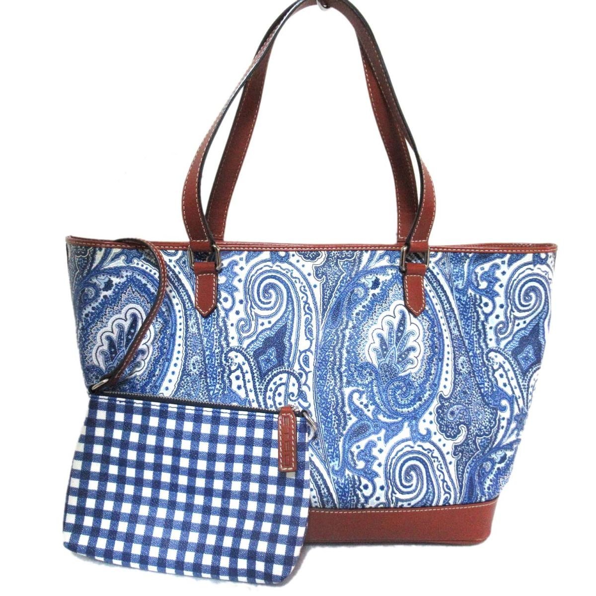 美品 ETRO エトロ ペイズリー柄×チェック柄 ポーチ付き トートバッグ 