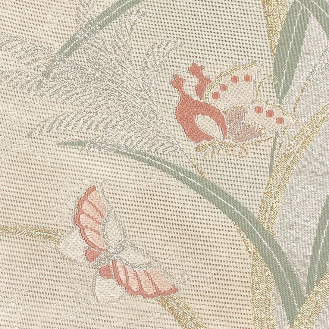 a522 正絹 夏用 絽 七宝　六通袋帯 唐織 銀糸 着物 着物月花 唐織 絽 蝶々文様 夏袋帯 六通柄 正絹 金銀糸 夏帯 ob622
