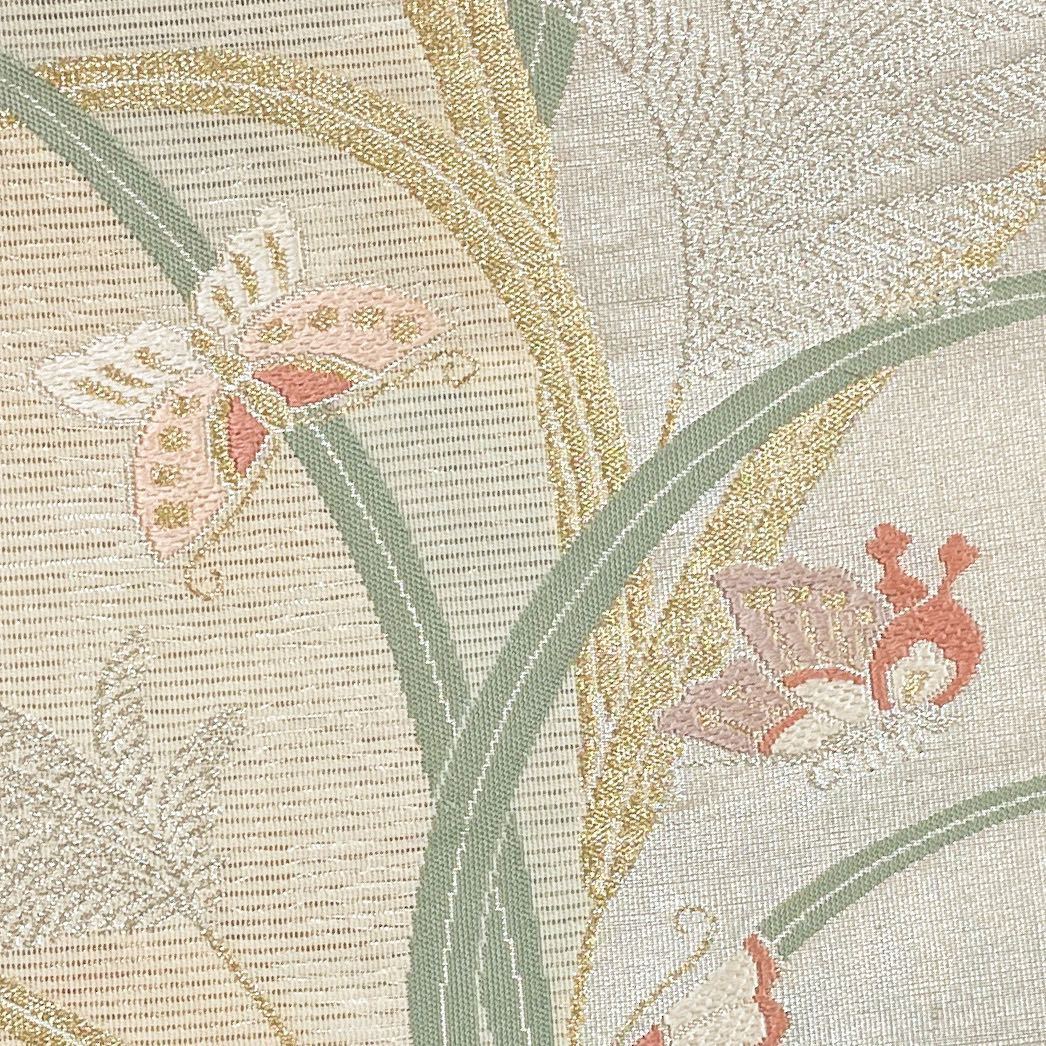 ◇604mn25◇洗える夏帯 化繊 絽 蔦 花唐草 唐織 銀糸 京袋帯◇美品 着物月花 唐織 絽 蝶々文様 夏袋帯 六通柄 正絹 金銀糸 夏帯 ob622