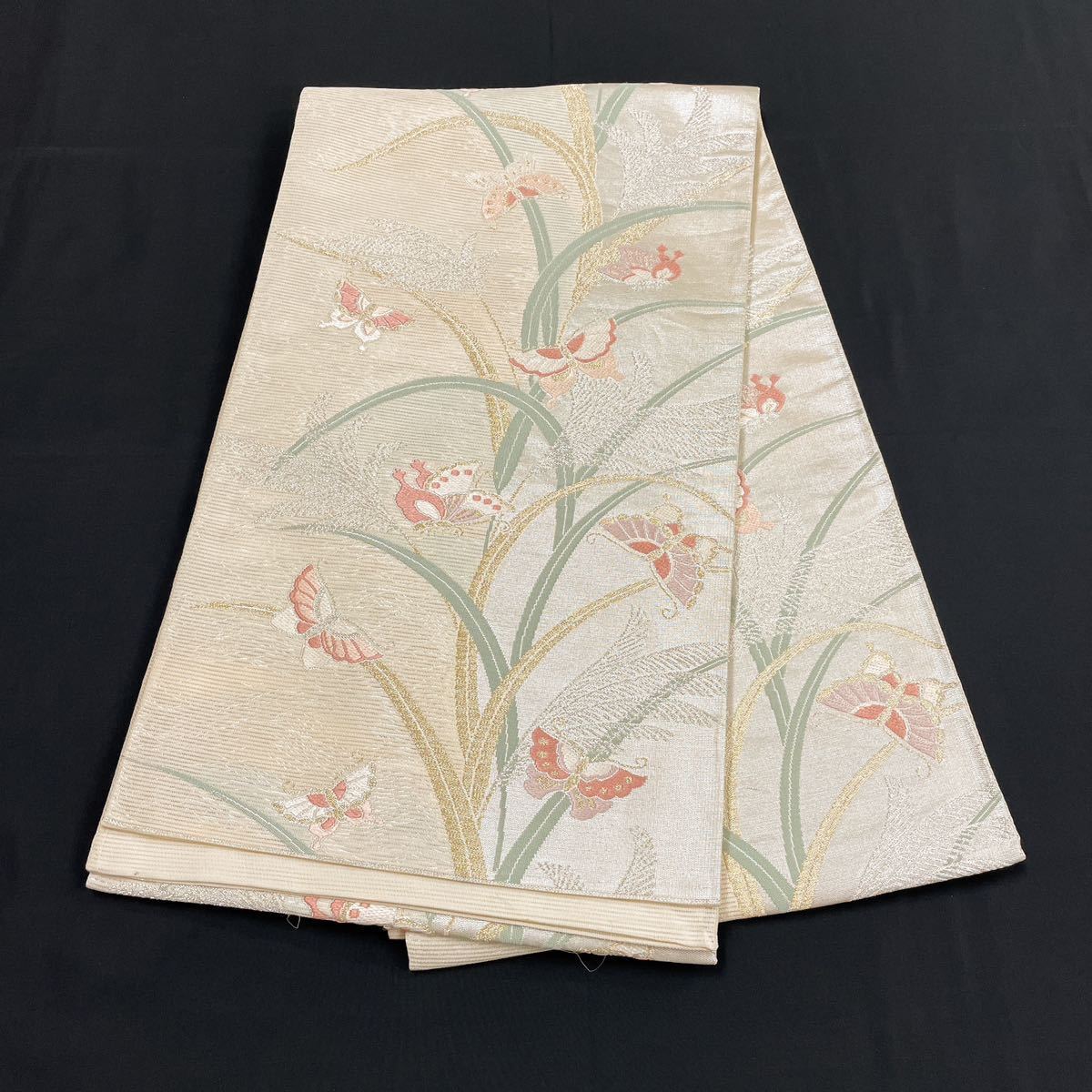 着物月花 唐織 絽 蝶々文様 夏袋帯 六通柄 正絹 金銀糸 夏帯 ob622