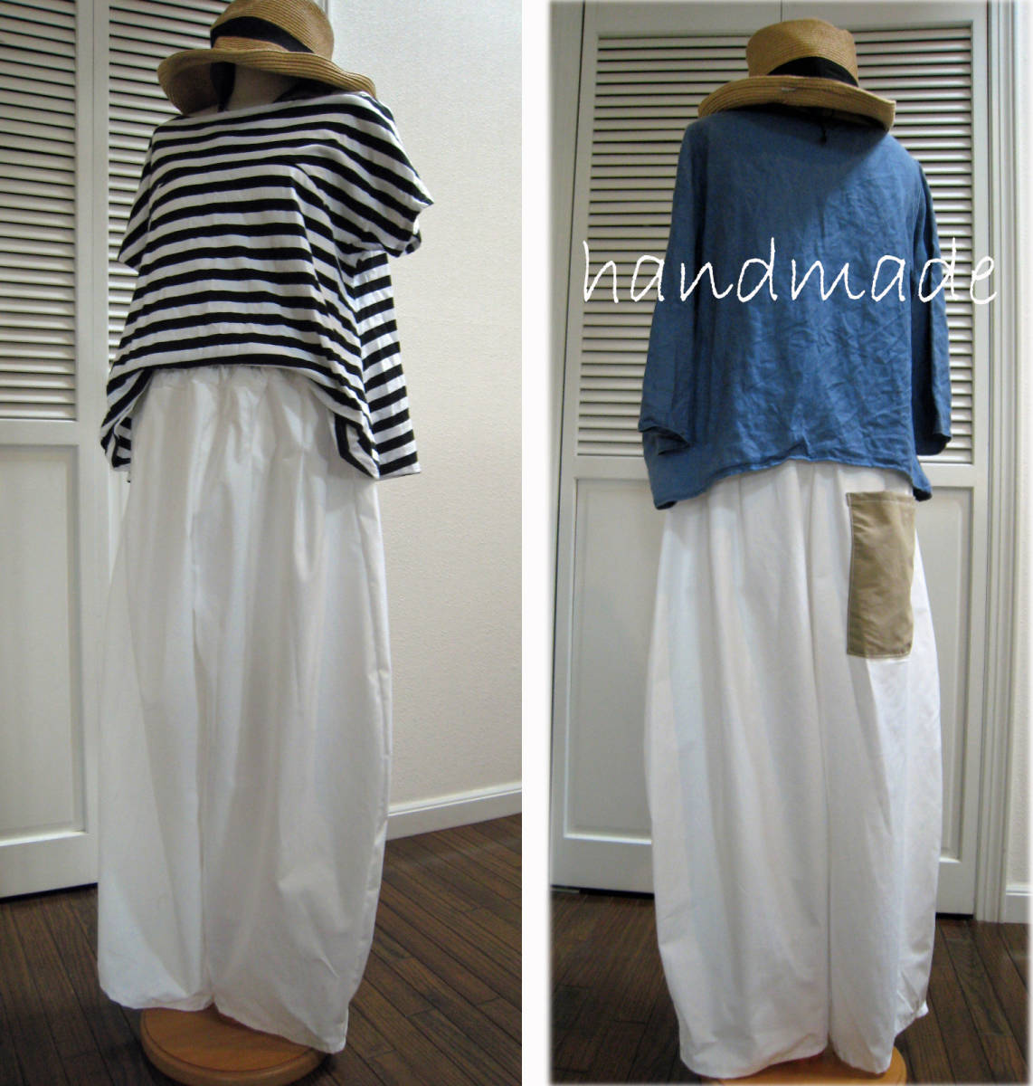 ★ハンドメイド　バルーンパンツ　　パッチワーク　ウエストゴム　タック　ボトム　白　L　異素材