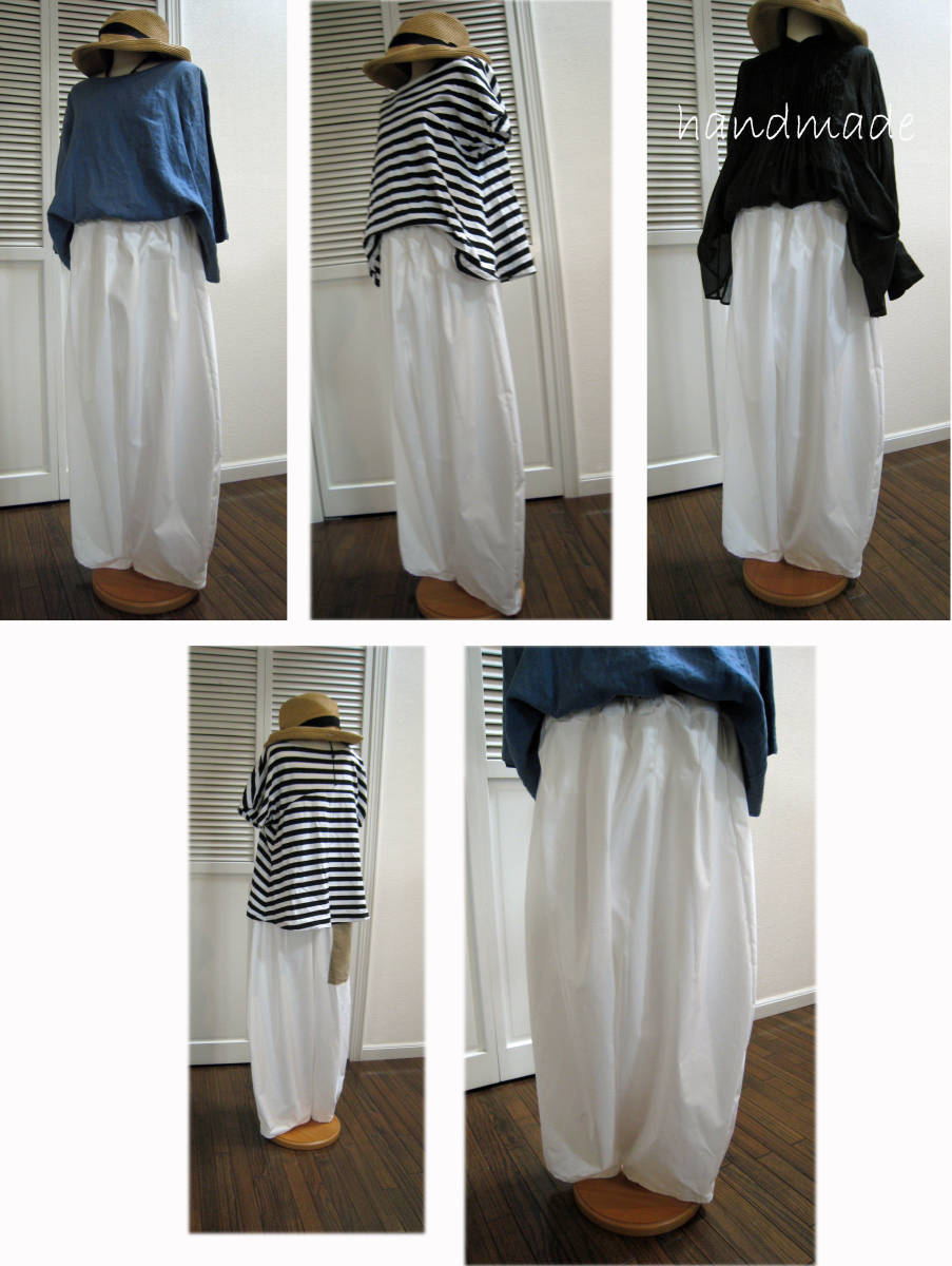 ★ハンドメイド　バルーンパンツ　　パッチワーク　ウエストゴム　タック　ボトム　白　L　異素材