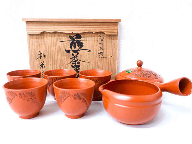 《古美術京松》【1円～】【工芸品】朱泥焼 煎茶器セット 柏栄造 共箱入 K-2149