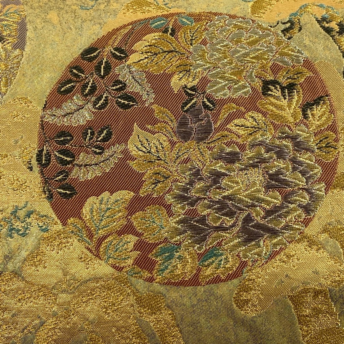 袋帯 秀品 花丸文 花唐草 金銀糸 刺繍 金色 六通 正絹 中古 袋帯