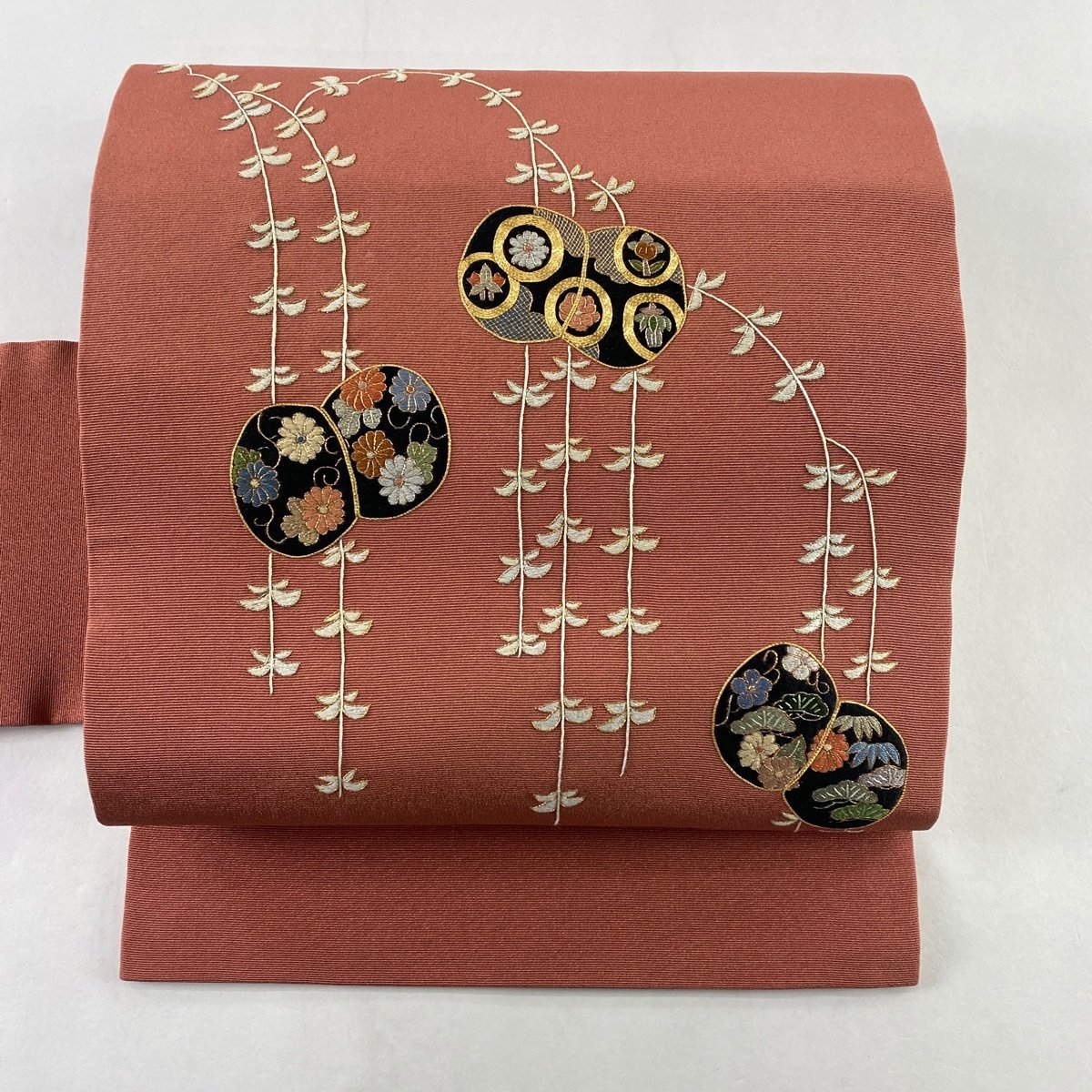 名古屋帯 美品 秀品 柳 菊唐草 金糸 刺繍 ピンクベージュ 正絹 【中古 