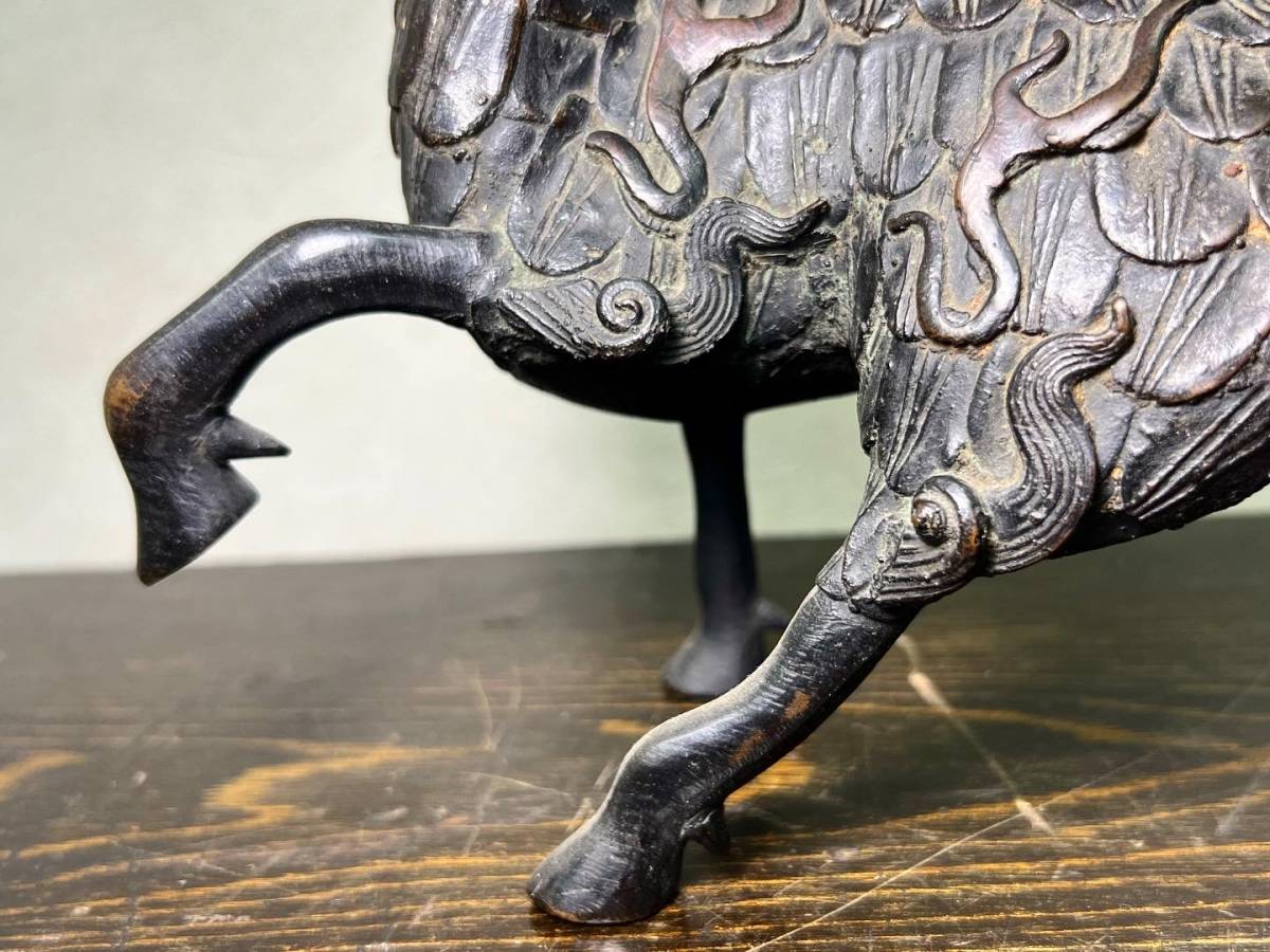京都 時代物 古銅 麒麟 置物 中国 古玩 高さ23cm 重量1906g BTS7026
