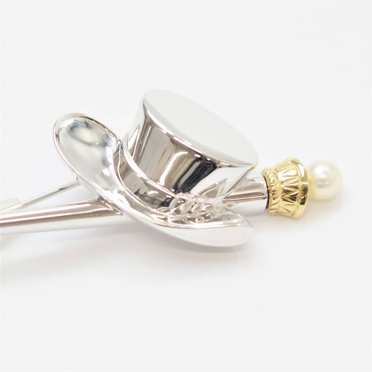 MIKIMOTO コンビ　ブローチ　パール　ハット　ステッキ　k18 シルバー S 1円スタート MIKIMOTO ミキモト シルクハット ステッキ モチーフ