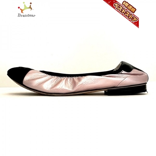 シャネル CHANEL フラットシューズ 36 1/2 C - レザー×化学繊維 ライトピンク×黒 レディース ギャザー 靴