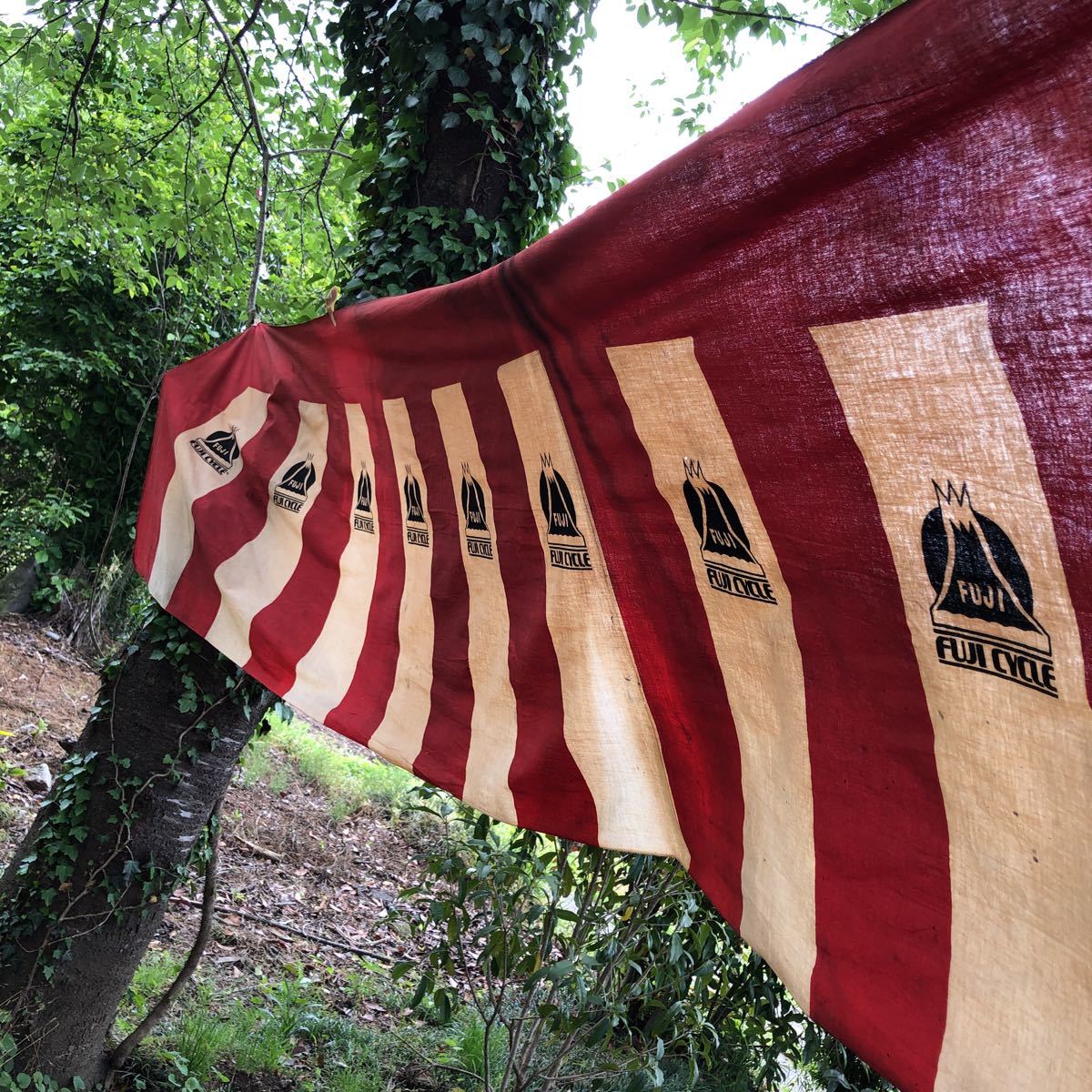 富士自転車 横断幕　リメイク　　　綿　旗　広告　宣伝　富士山 昭和レトロ 自転車店 当時物 希少 富士自転車 店舗飾り タレ幕 旗