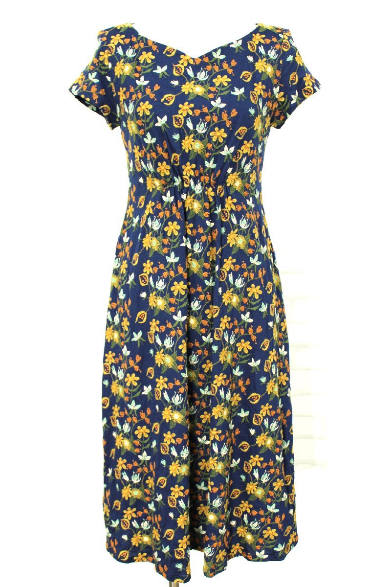 シビラ インナー付きボタニカル花柄総刺繍半袖Aラインワンピース 定価5.3万円 紺M mf542