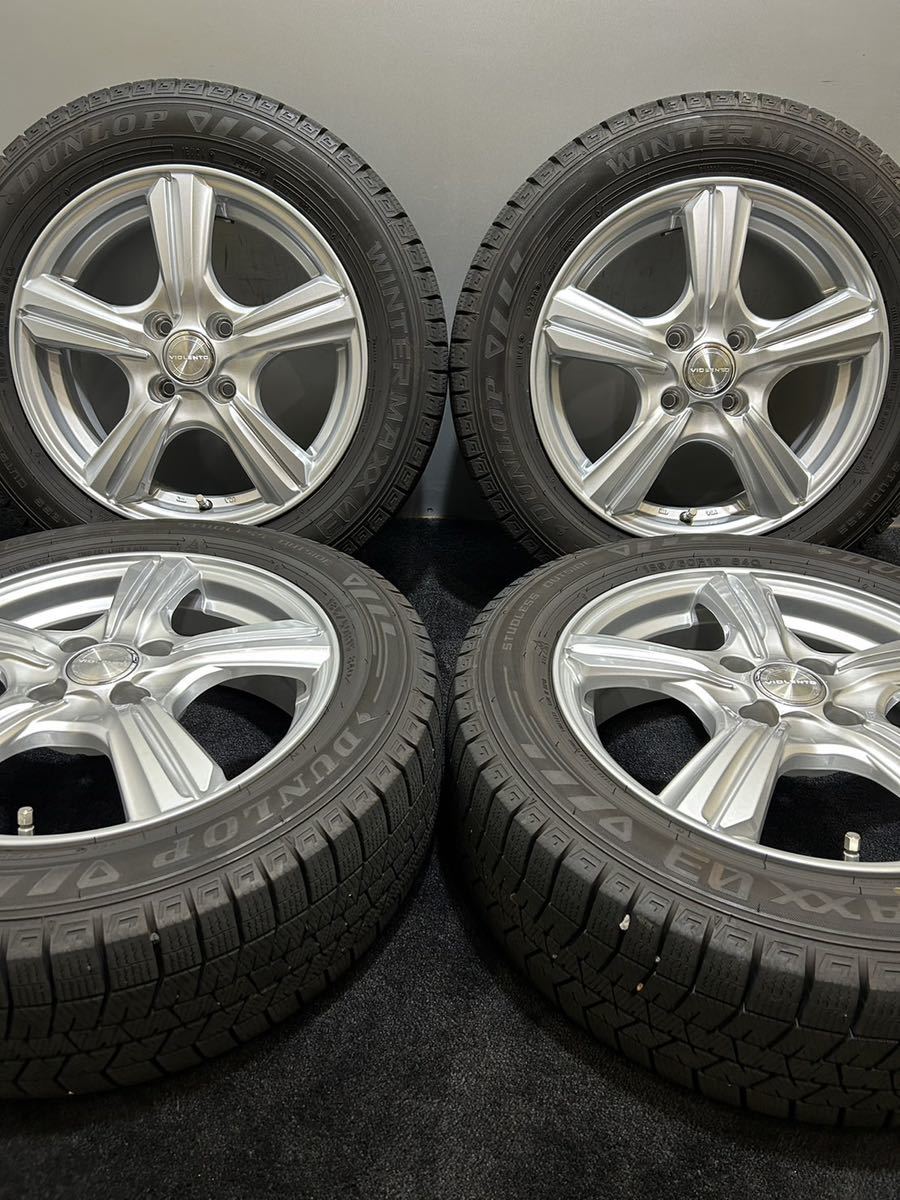 185/60R15 DUNLOP/WINTER MAXX 03 20年製 VIOLENTO 15インチ 5.5J ＋42 100 4H スタッドレス 4本 WM03 フィット アクア (南2-C555)