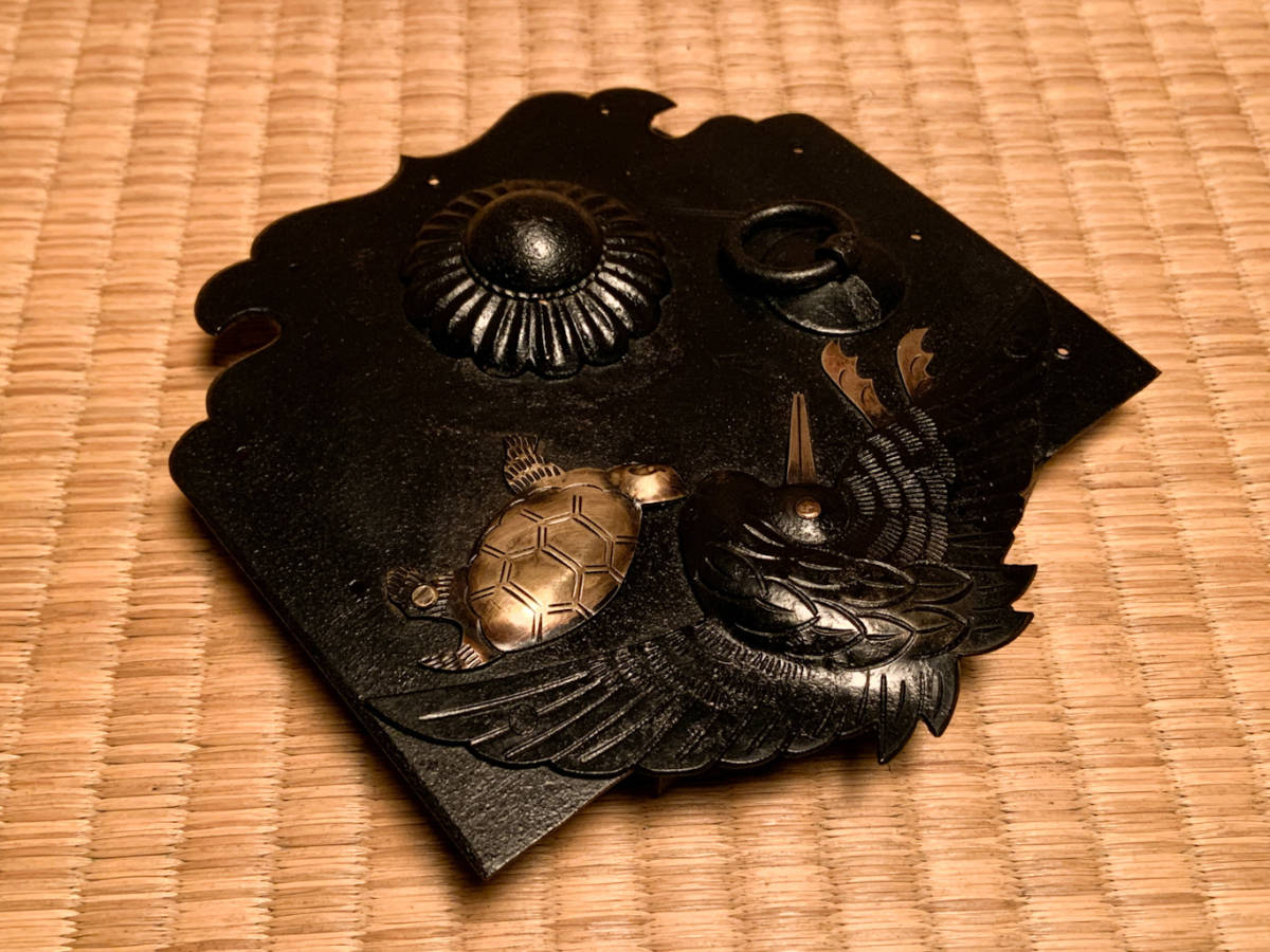 時代物/二本松箪笥真鍮製鶴亀飾り扉鍵金具/ガメ戸/福島/寿飾り/丸環
