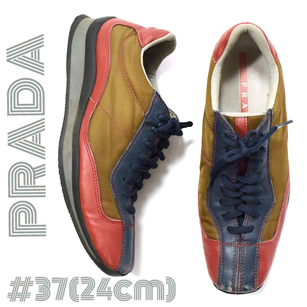 PRADA SPORT■ロゴ入りレザー×ナイロン スニーカー シューズ 37（24cm前後）プラダスポーツ　バイカラー　レディース