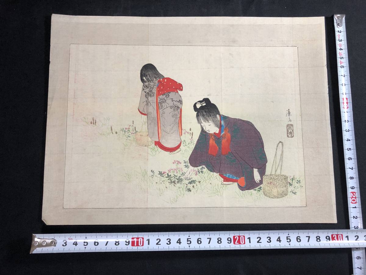 【浮世絵版画】役者絵 美人図 明治期 木版画 一枚物 1532真作!富岡永洗 □摘草□木版口絵□ 美人画 明治時代物 彩色木版画