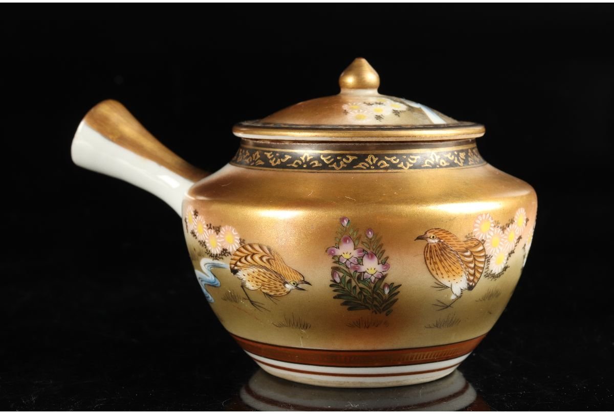 九谷焼　邦泉　金彩花鳥図煎茶器　茶具 URA]九谷 吉田製/金彩花鳥図茶器揃/4-6-113 (検索)骨董/九谷焼/急須/宝