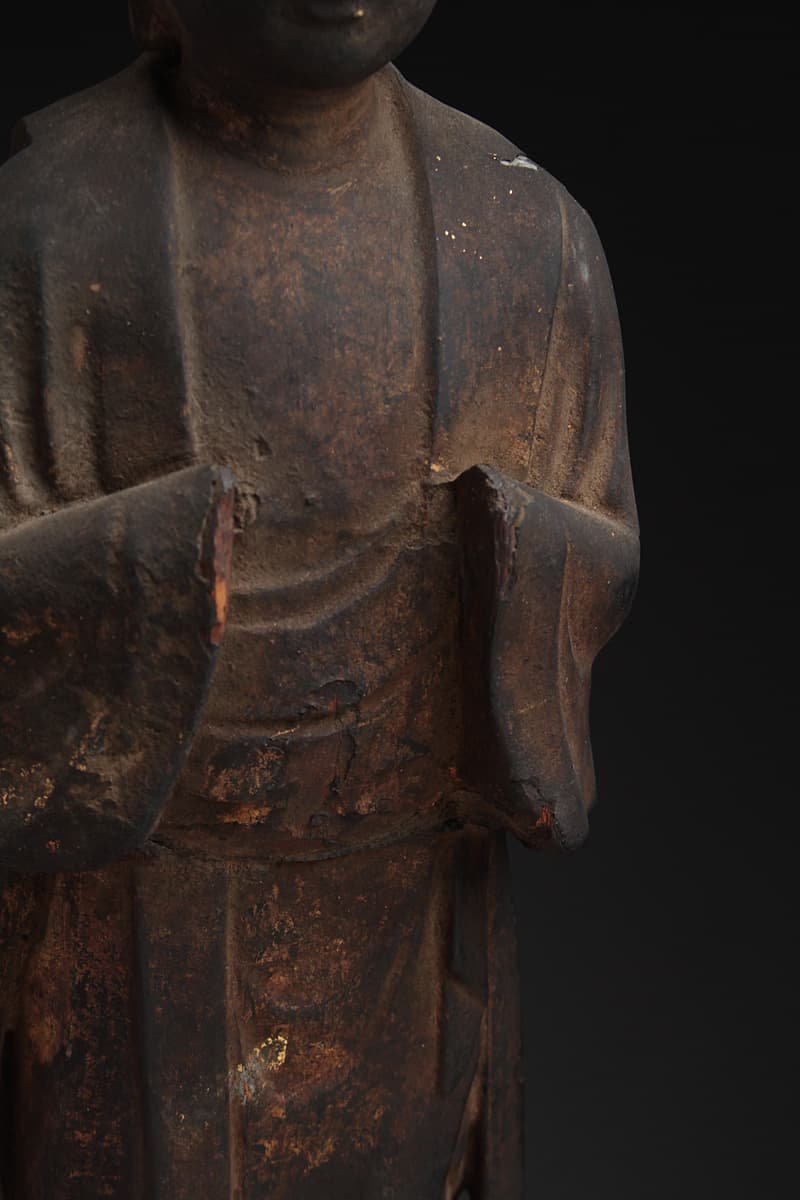 EL064 時代 仏教美術 漆箔 木彫観音菩薩立像 全高32.2cm/仏高29.7cm