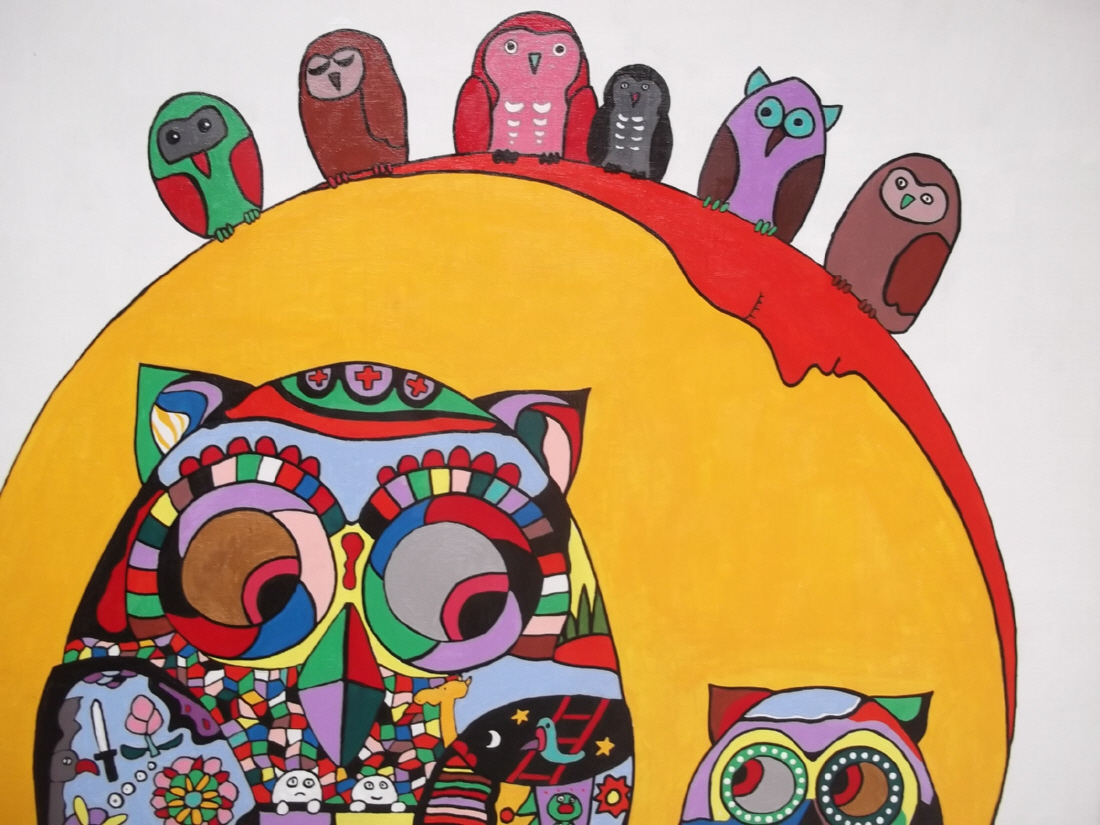 ジミー大西　大サイズＦ２０号「フクロウ金目銀目」　模写/キャンバスに描かれています　ユニークな森の知恵者_5