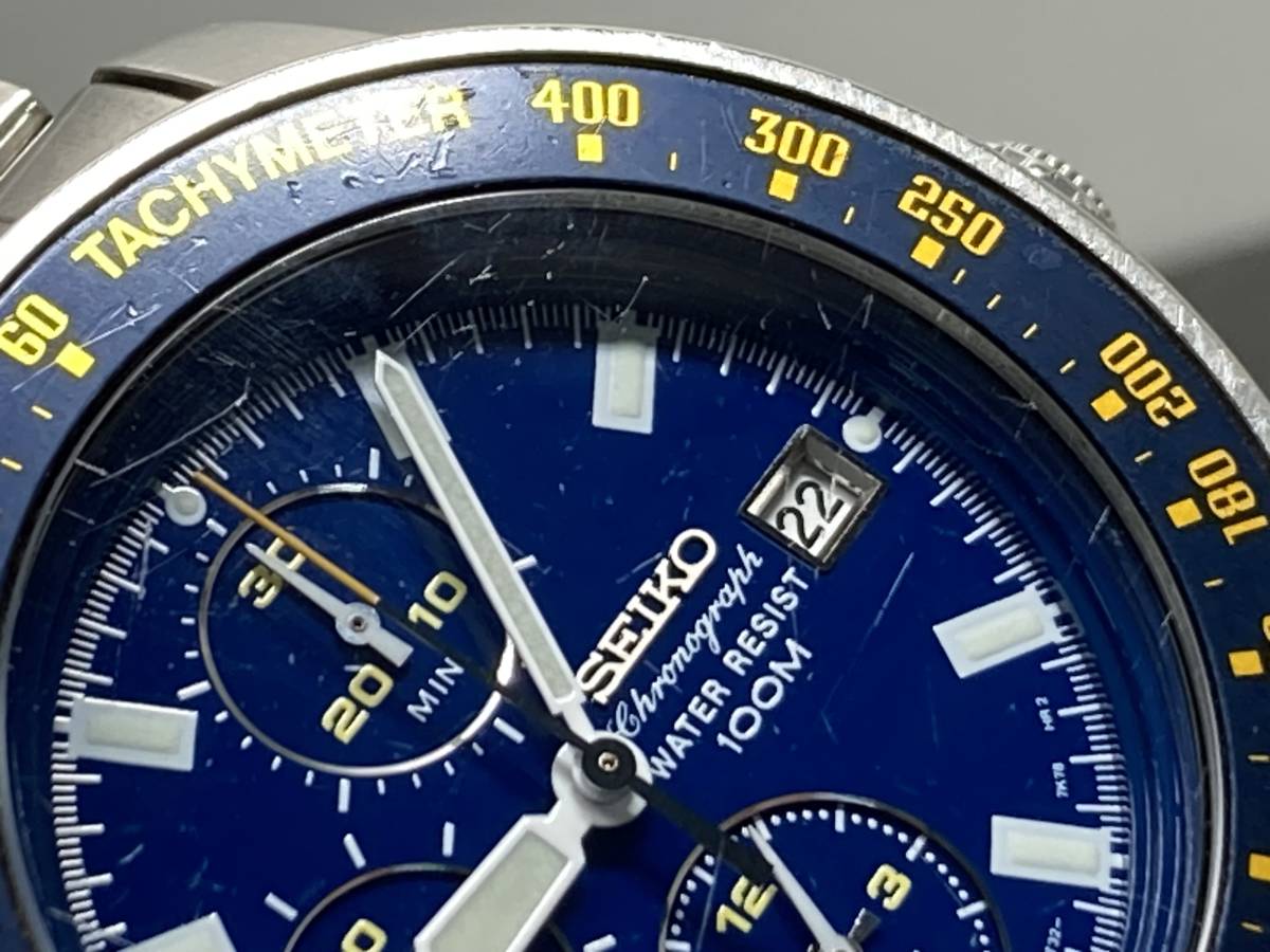 1円～稼働品・SEIKO/セイコー クロノグラフ 100M ネイビー文字盤 7T32 