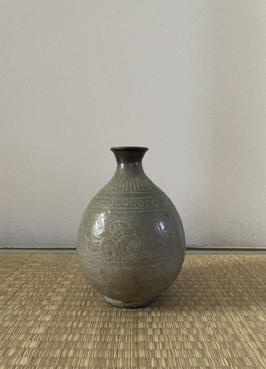 李朝 朝鮮 高麗青磁 白象嵌 花瓶 陶磁器 時代物 古美術 