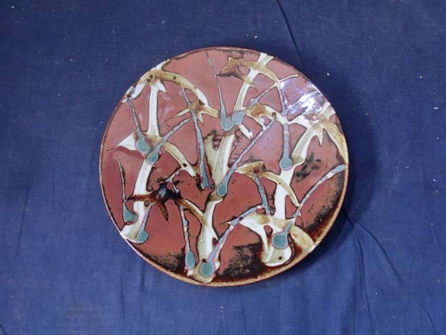 492094 木村一郎 作 益子焼 柿釉竹絵皿（共箱）陶芸家・画家・飾皿