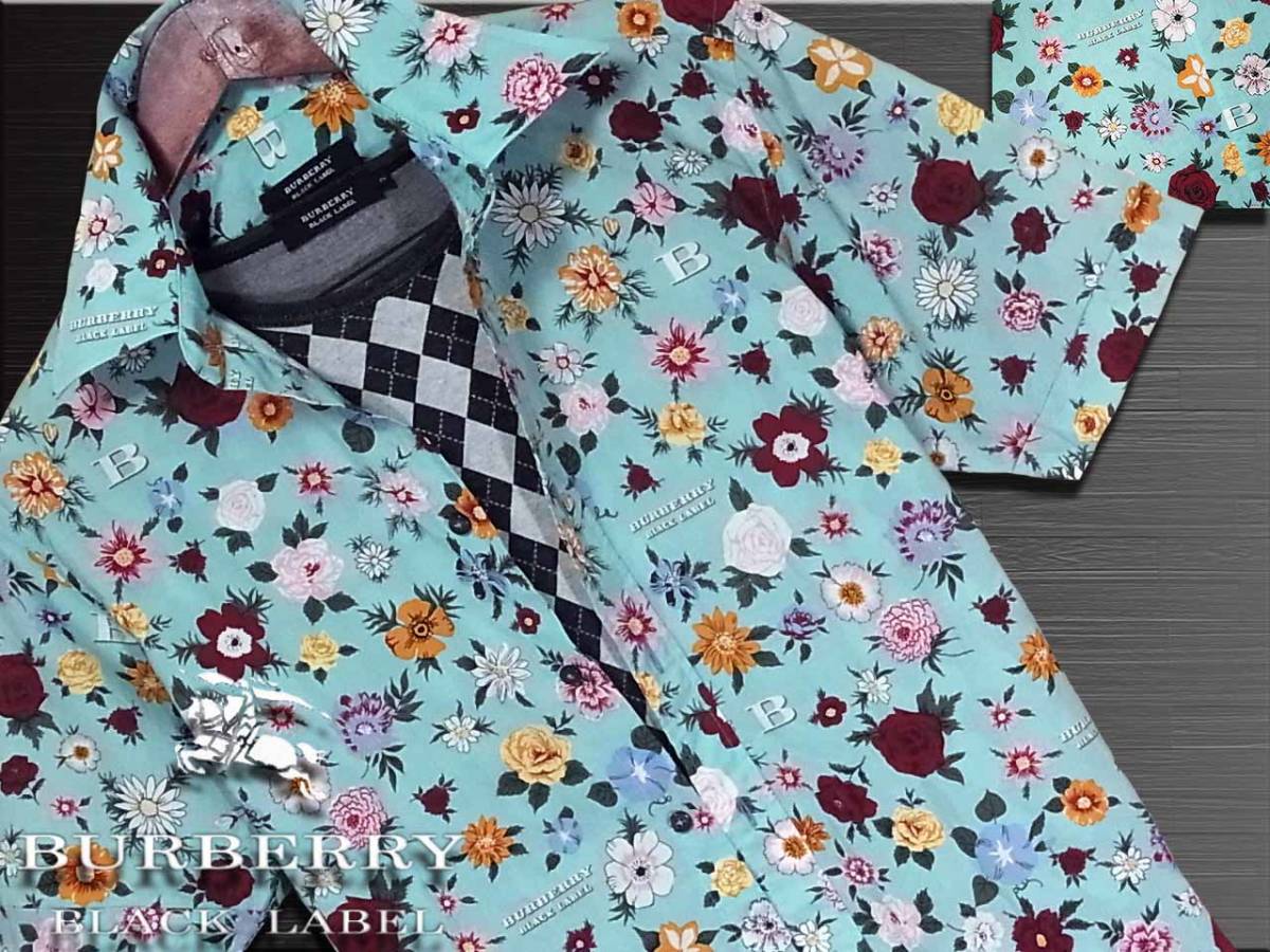 美品！幻の傑作！モノグラム　フラワーデザイン　総柄　半袖シャツ　サイズM▼バーバリーブラックレーベル BURBERRY BLACK LABEL 