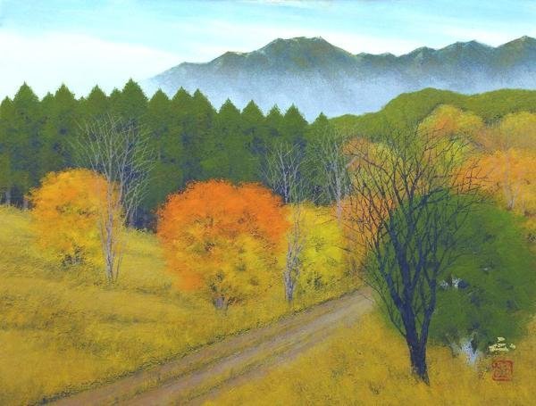 真作】【WISH】河本正 日本画 10号 金落款 秋彩の山道 〇創日会顧問 日