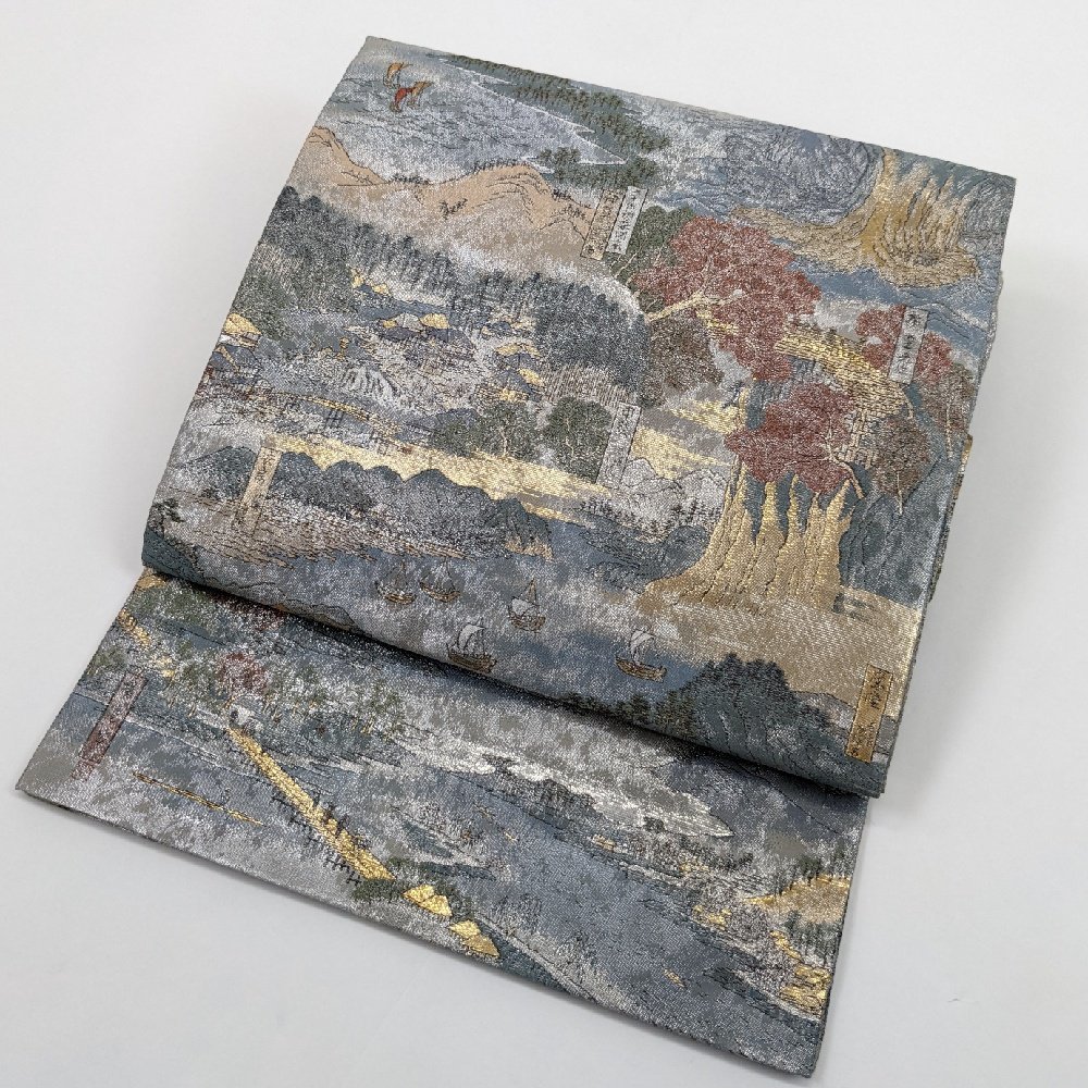 1円～ 袋帯 六十余州名勝図会 全景図 24金プラチナ二重箔 全通柄 シルバー ブルー 帯丈442cm 帯幅31cm y172-2032384【Y商品】和装 着物