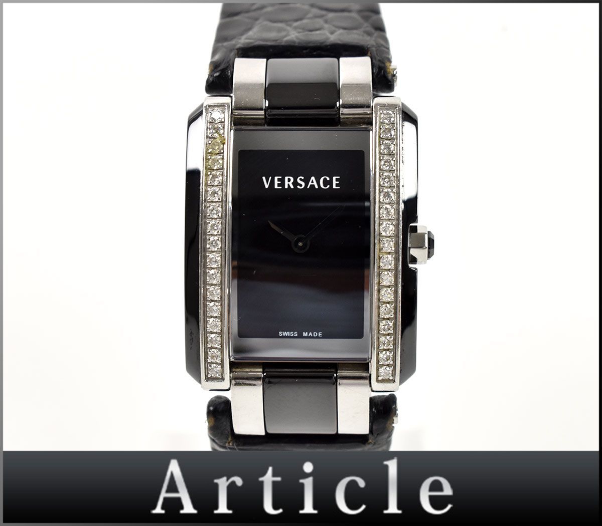 150840♪ 動作確認済 VERSACE ヴェルサーチ レディースウォッチ 腕時計 クォーツ 70Q セラミック ダイヤ レザー ブラック シルバー/ D