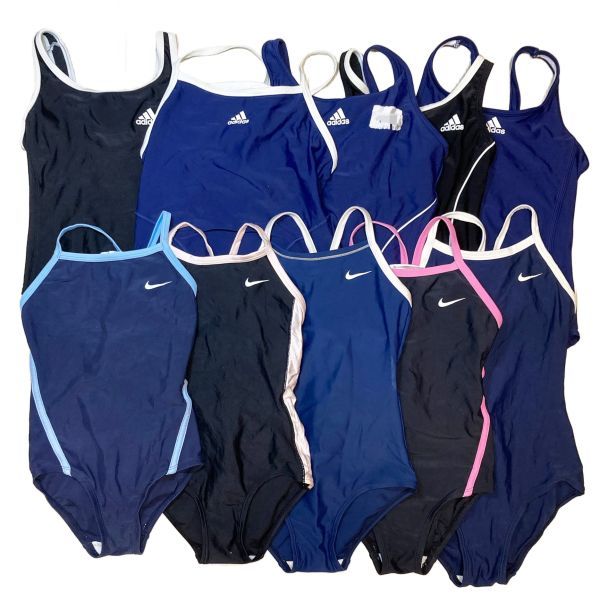 40【整理品リサイクル】ナイキ＆アディダス10枚セット女子競泳水着(130～160程度)★光沢濃紺ネイビー光沢黒ブラック・パイピングなど