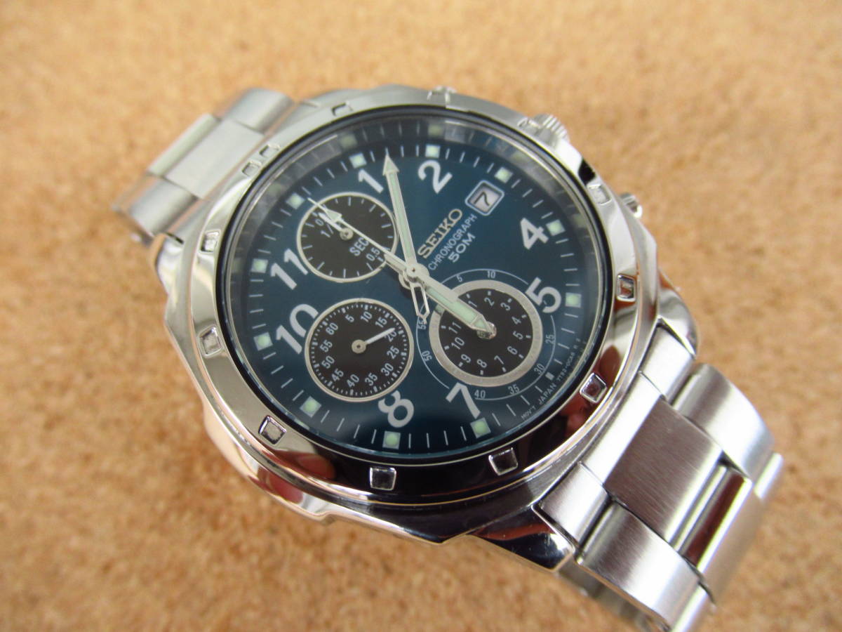 SEIKO クロノグラフ 7T92-0CA0 爽やかなブルー文字盤 電池交換&ブレス